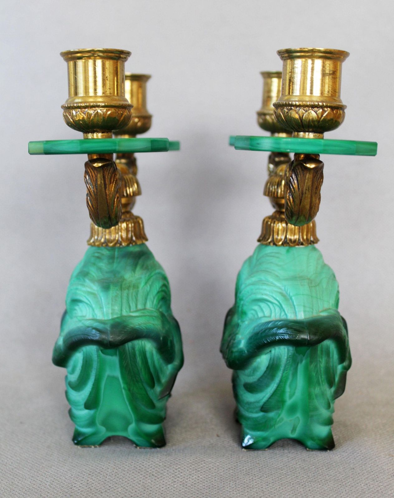 137.0 Vintage Pair Of 1930s Czechoslovakian Art Deco Candelabra, Malachite Glass And Brass Fixture, Style Curt Schlevoght, Embossed Flying Bird photo
