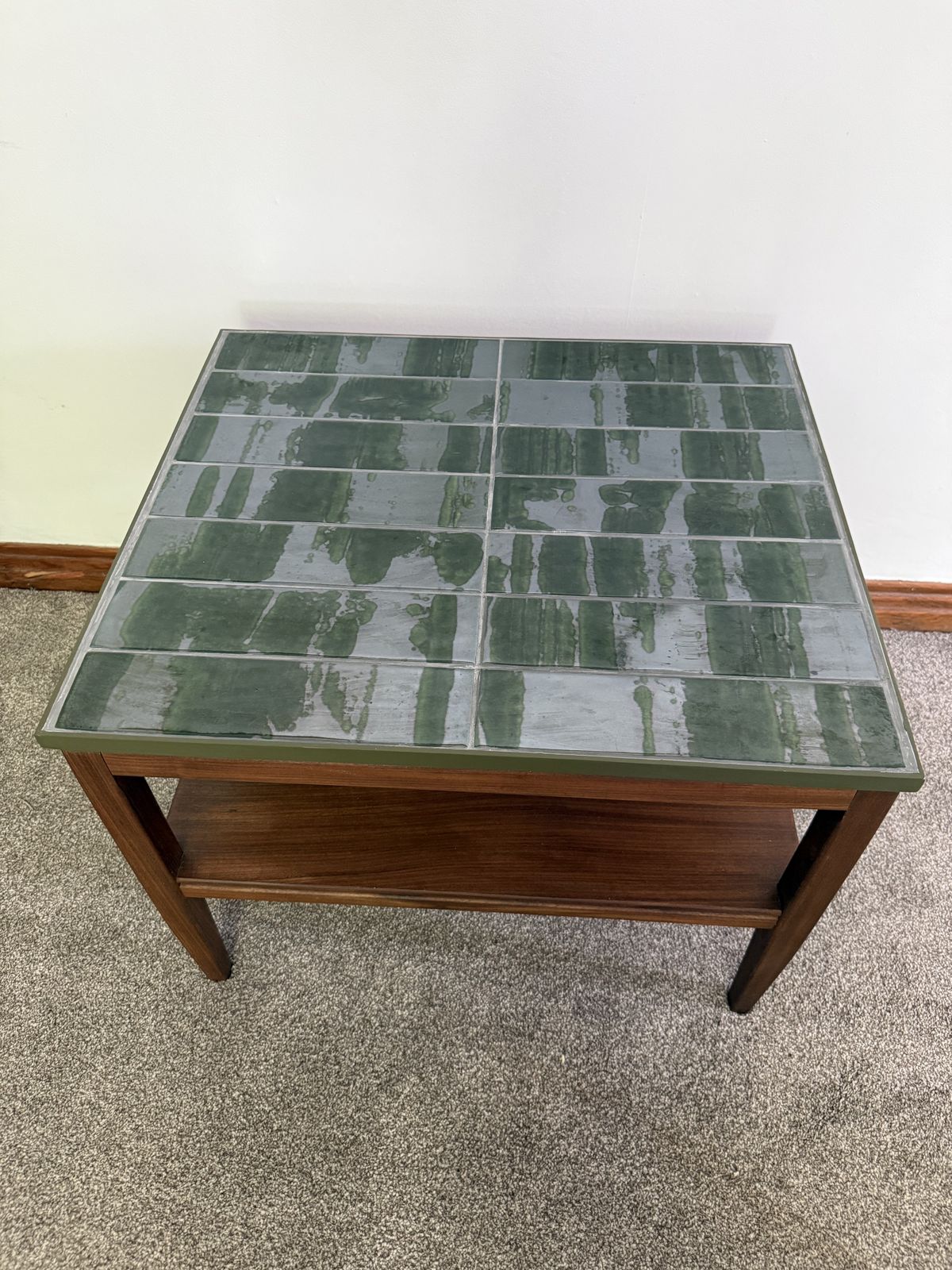 Mid Century Coffee Table With Hand Tiled Emerald Green Moroccan Top — One Of One photo vinterior