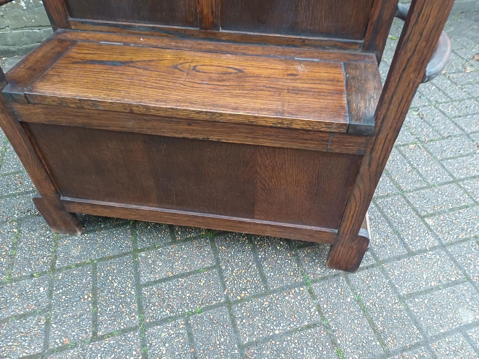 Antique Arts And Crafts Oak Hall Stand With Storage Seat Umbrella Trays Round Mirror Liberty Style C1910 1930 Vintage Free Hand Delivery photo Furniture