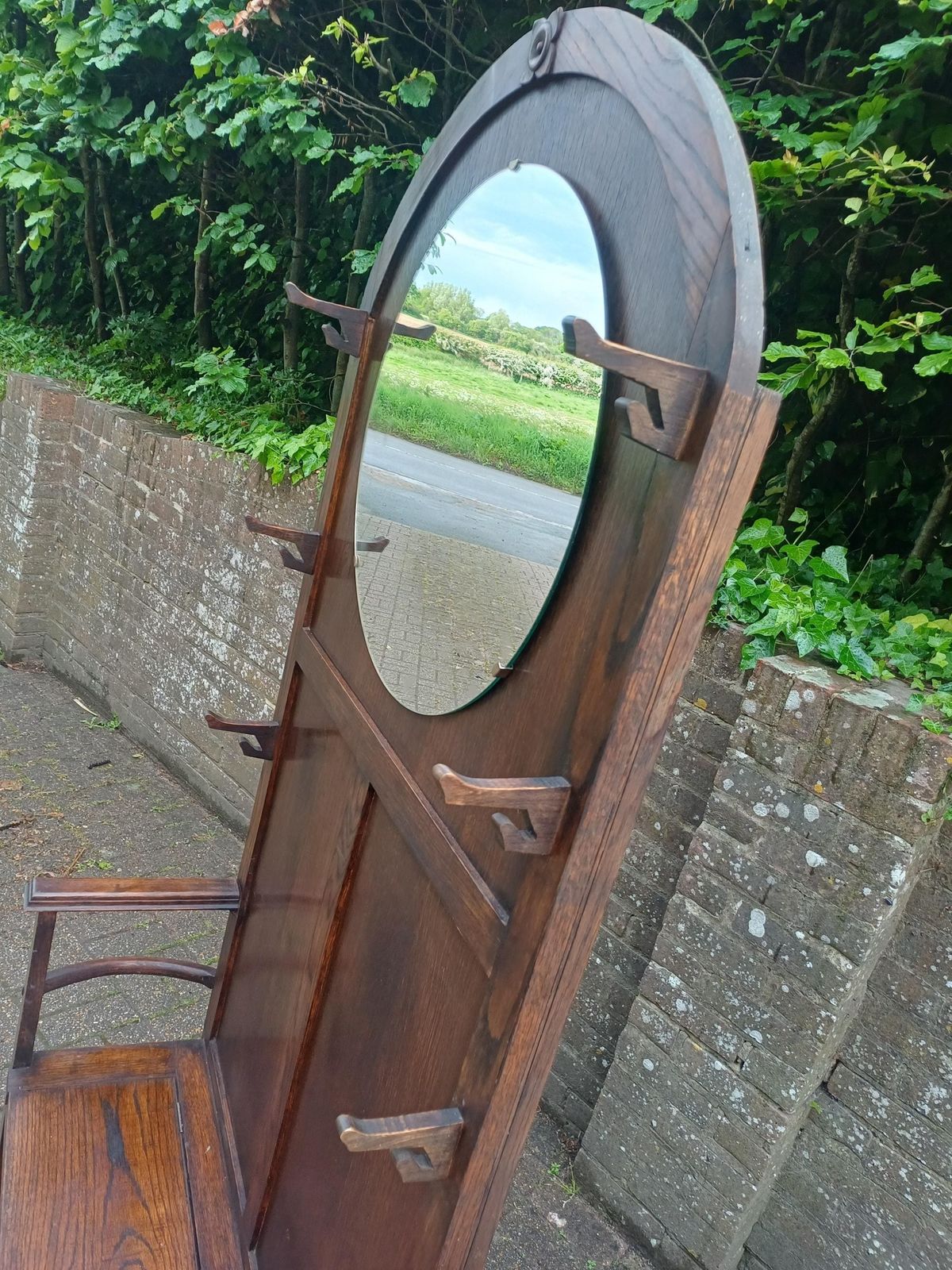 Antique Arts And Crafts Oak Hall Stand With Storage Seat Umbrella Trays Round Mirror Liberty Style C1910 1930 Vintage Free Hand Delivery photo buy