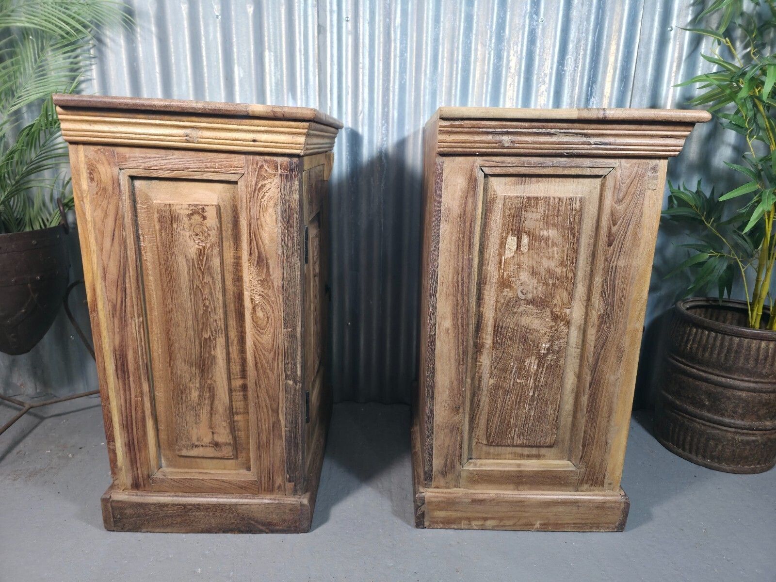 Vintage Reclaimed Pair Wooden Indian Carved Bedside Tables Cupboards Cabinets photo buy