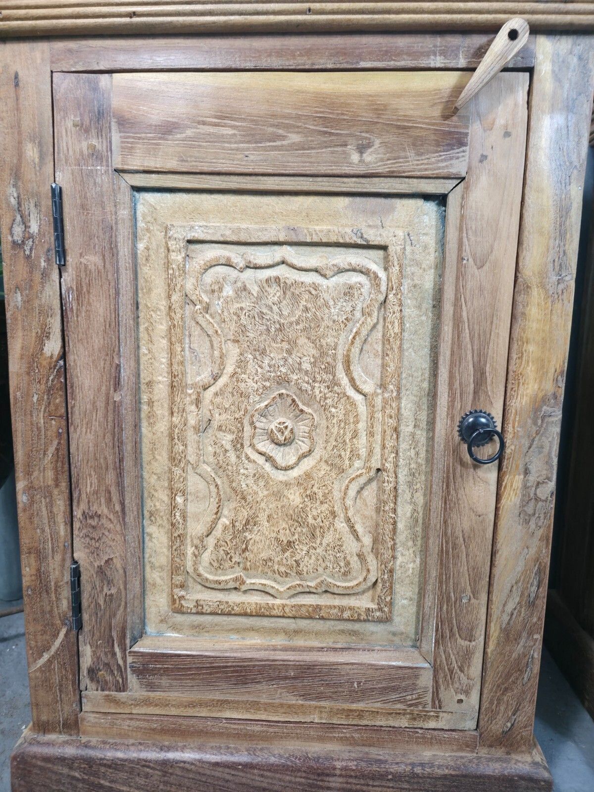 Vintage Reclaimed Pair Wooden Indian Carved Bedside Tables Cupboards Cabinets photo for sale