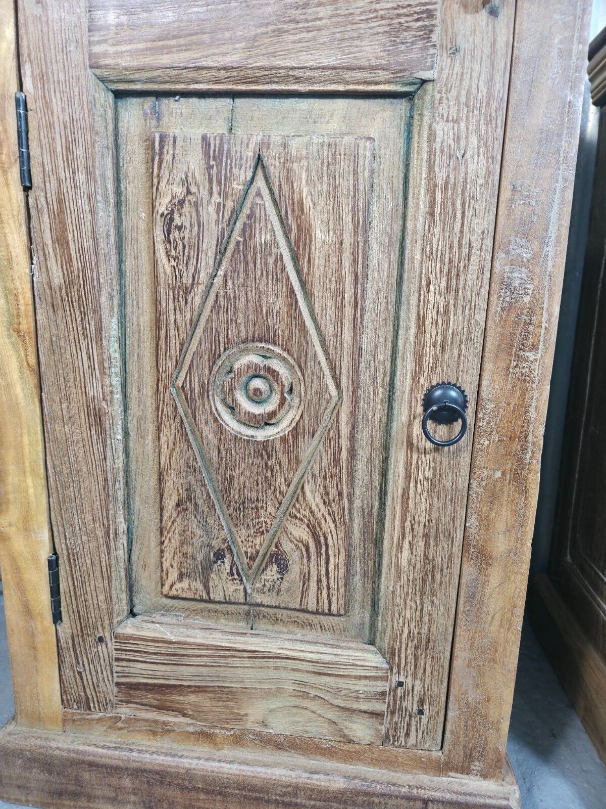 Vintage Reclaimed Pair Wooden Indian Carved Bedside Tables Cupboards Cabinets photo for sale