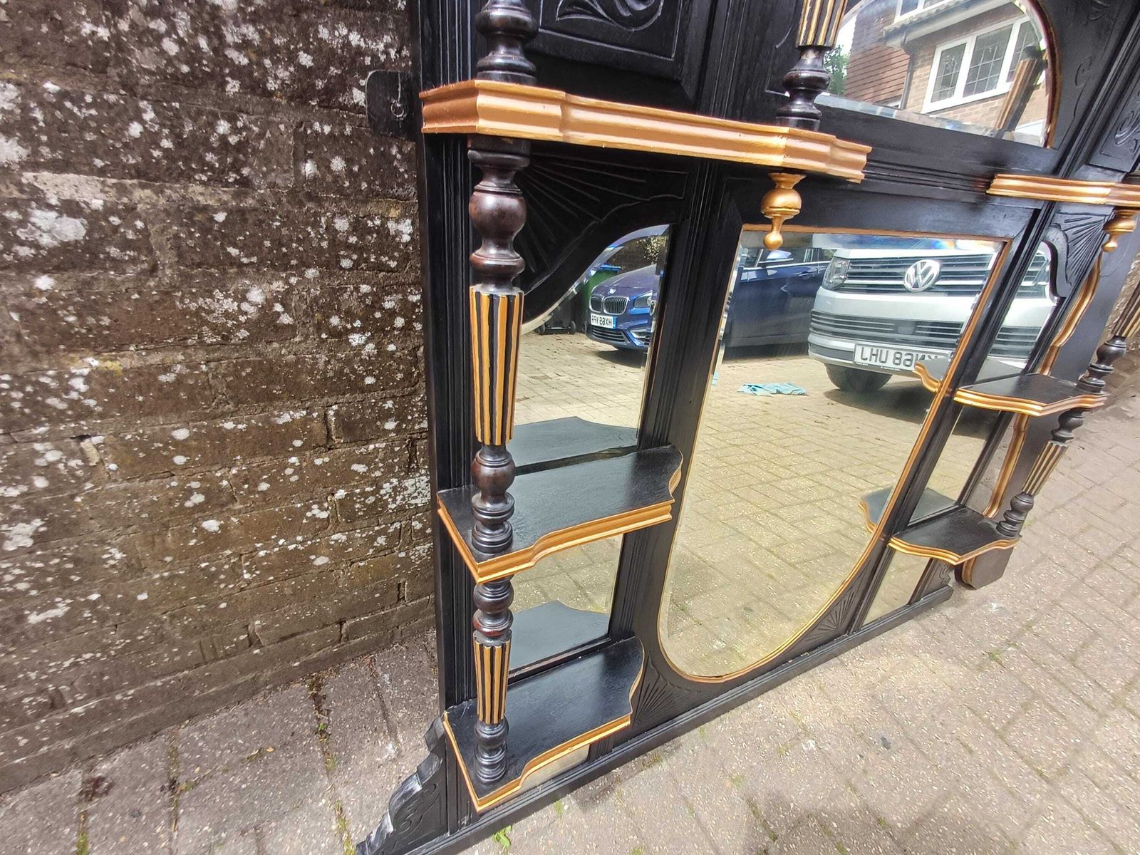 Massive Victorian Over Mantel Mirror Black Gold Painted Mahogany Walnut Shelved Antique Mirror 1890s Statement Piece Free Hand Delivery photo vintage