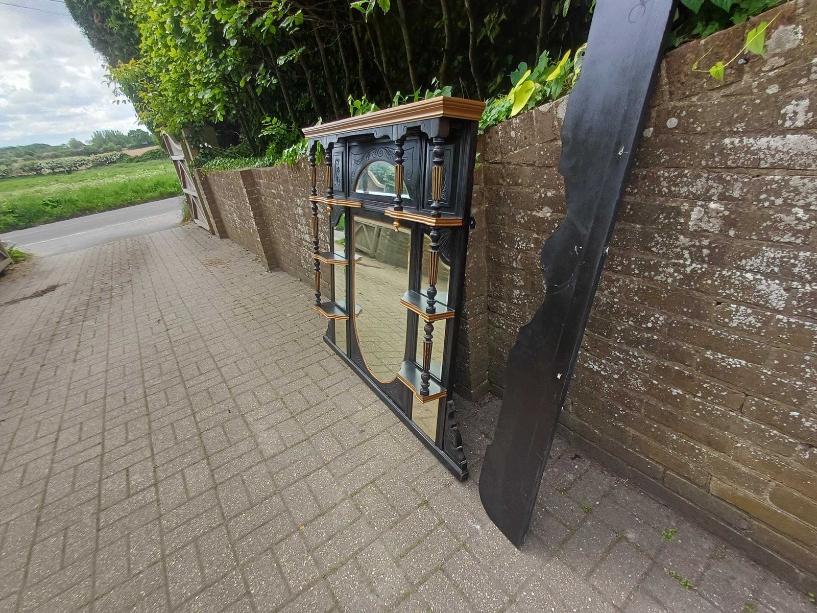 Furniture Massive Victorian Over Mantel Mirror Black Gold Painted Mahogany Walnut Shelved Antique Mirror 1890s Statement Piece Free Hand Delivery photo