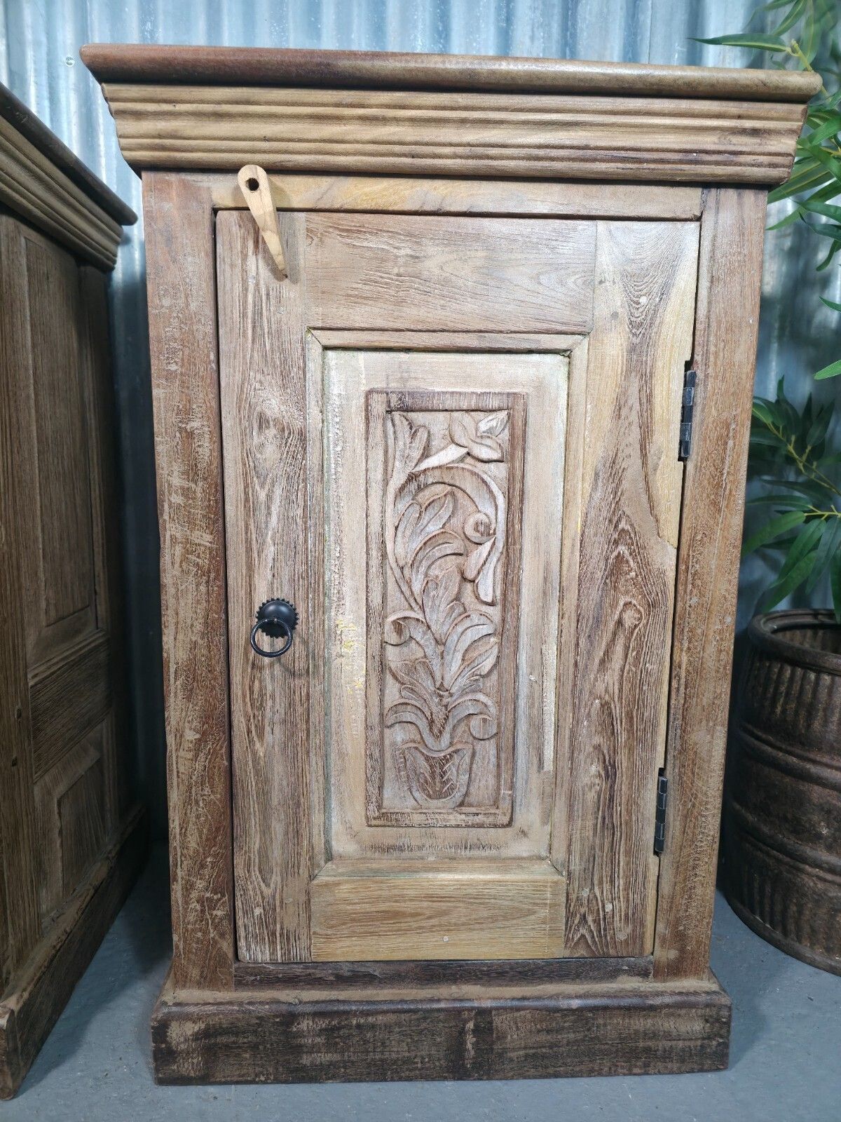 Vintage Reclaimed Pair Wooden Indian Carved Bedside Tables Cupboards Cabinets photo for sale