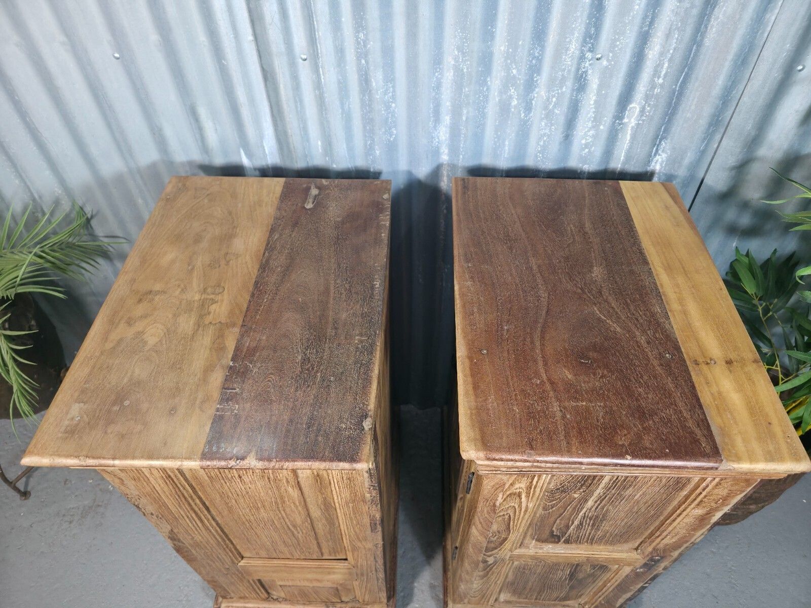 photo for sale Vintage Reclaimed Pair Wooden Indian Carved Bedside Tables Cupboards Cabinets