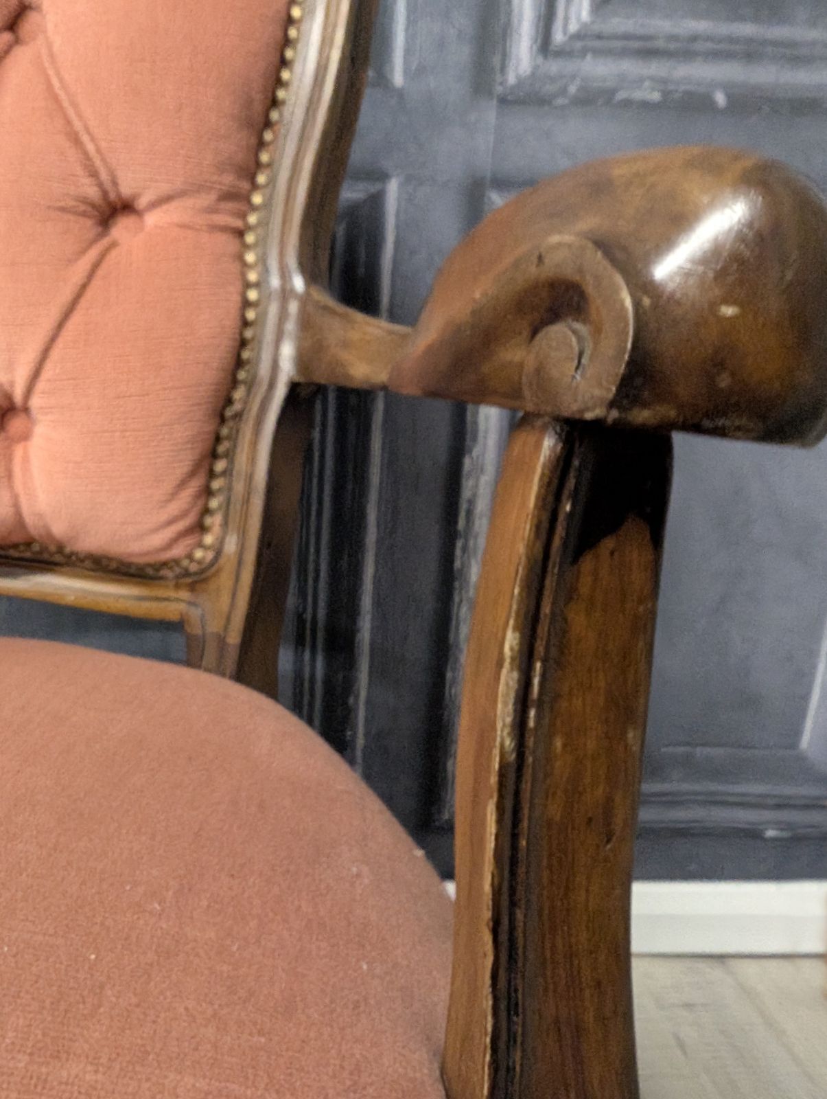 Pair Of Vintage French Louis XV Style Fauteuil Armchairs In Dusky Pink, 1970s photo 600.0