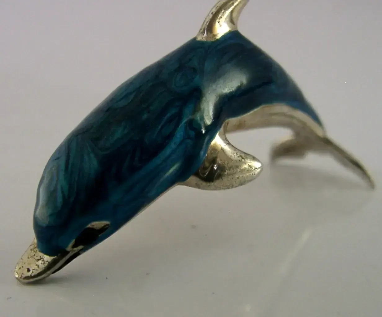 Italian Sterling Silver Enamel Dolphin Animal Figure C1990 Saturno Italy