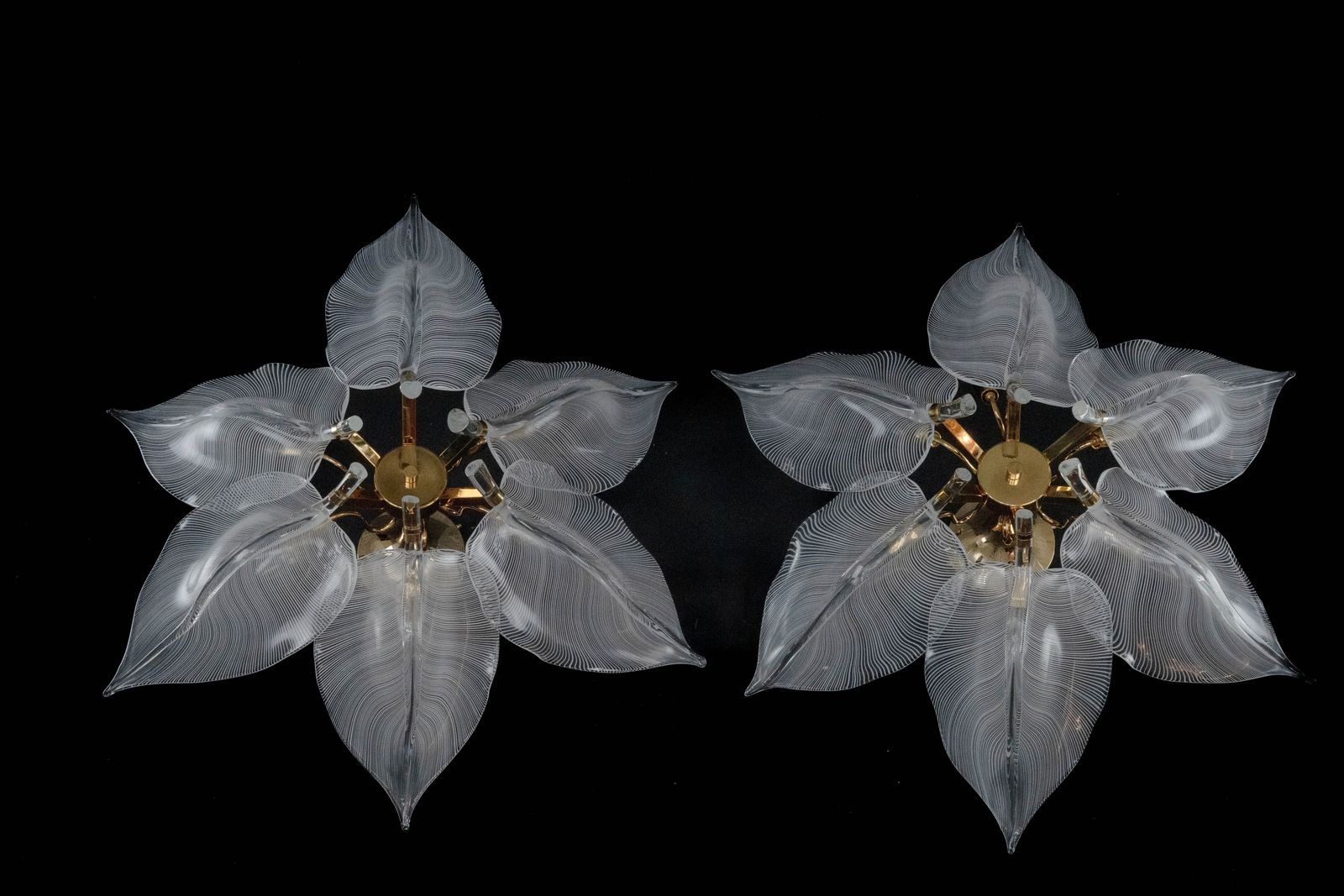 Rare Pair Of Large 1970s Franco Luce Murano Glass Leaf Ceiling Flush Mounts photo furniture
