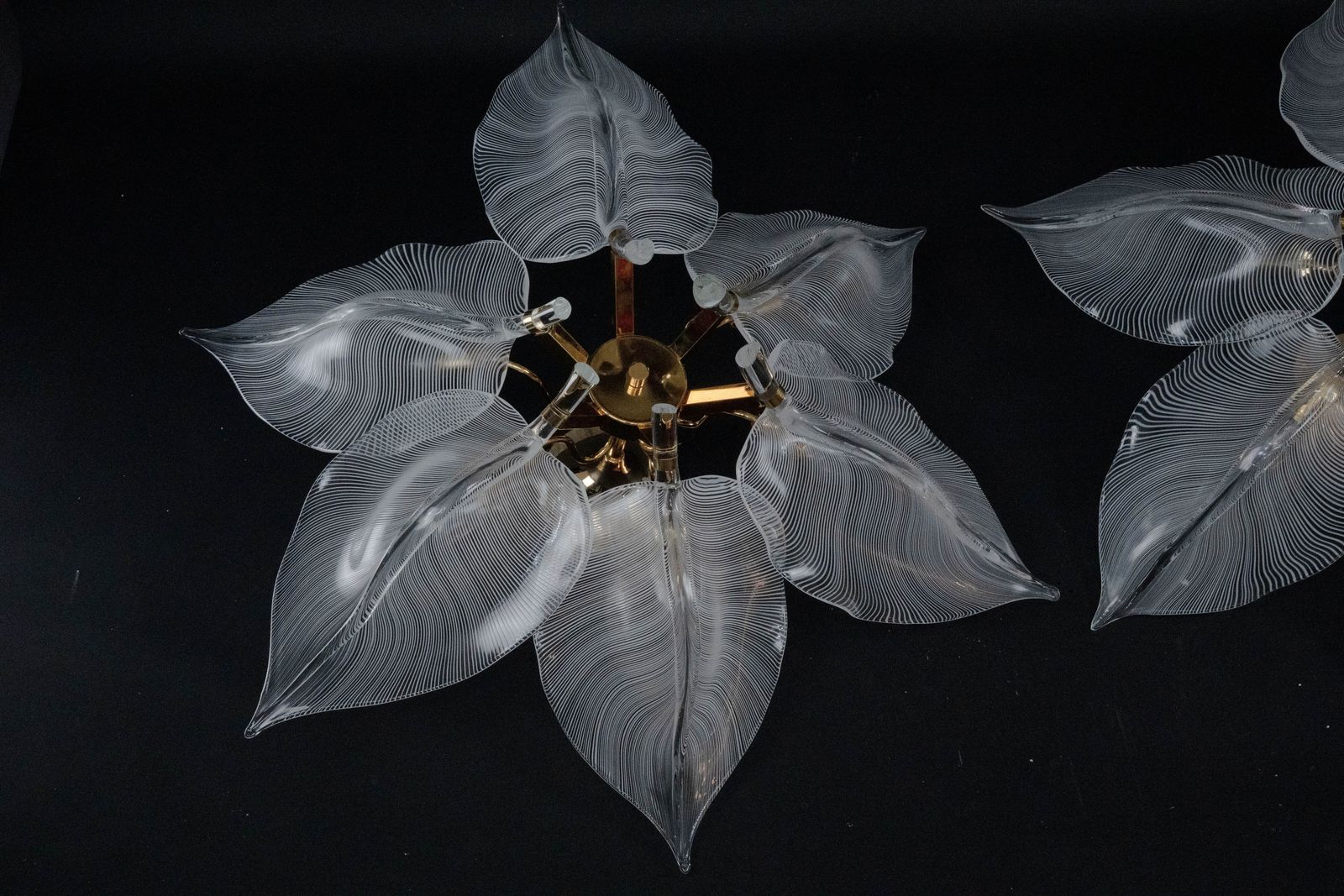 Rare Pair Of Large 1970s Franco Luce Murano Glass Leaf Ceiling Flush Mounts photo for sale