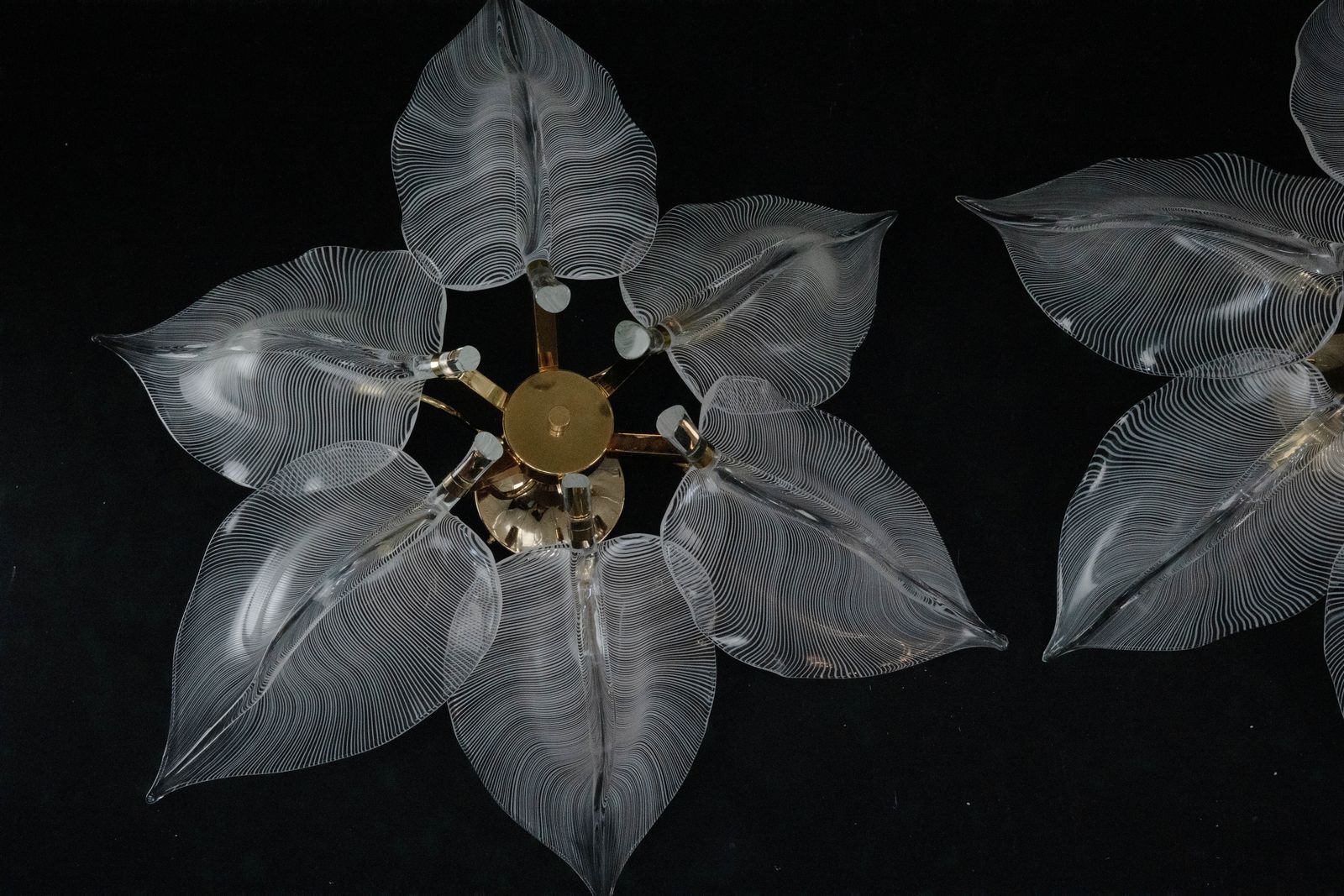 Rare Pair Of Large 1970s Franco Luce Murano Glass Leaf Ceiling Flush Mounts photo Lighting