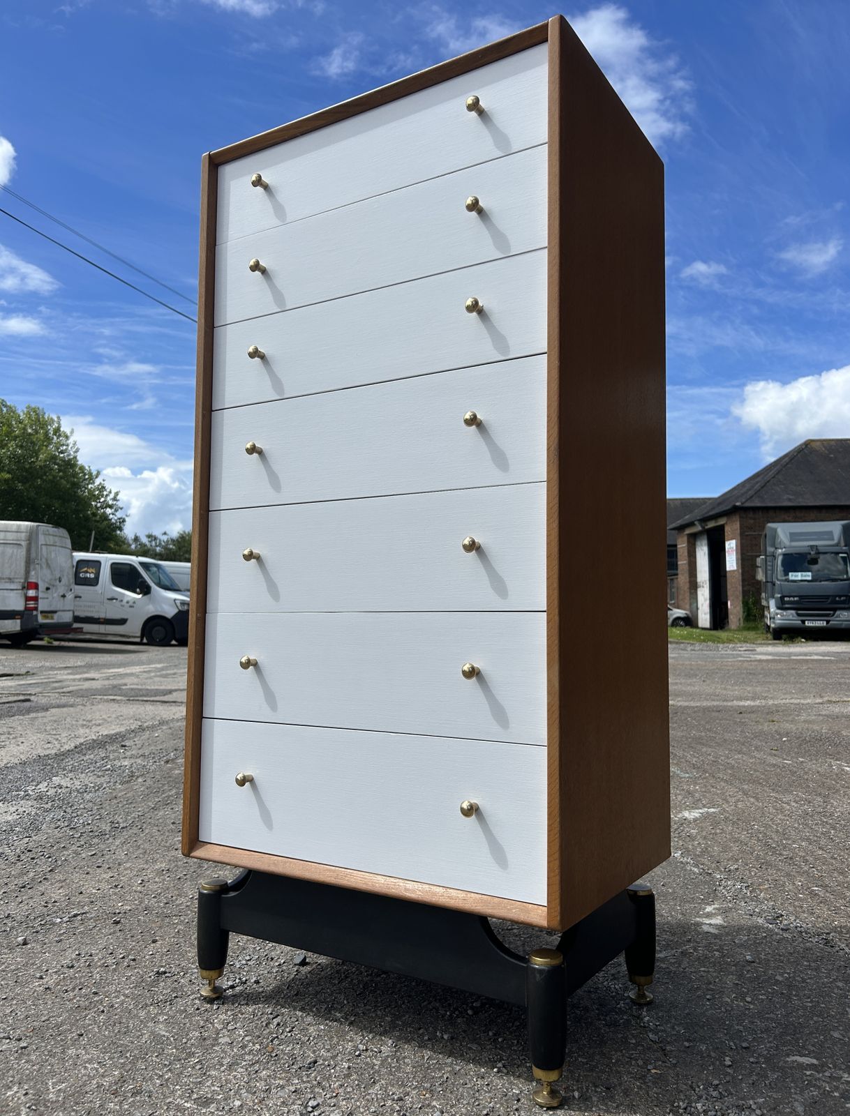 Superb Mid Century Oak/China White Tallboy Chest Of 7 Drawers 1950's/60's photo furniture