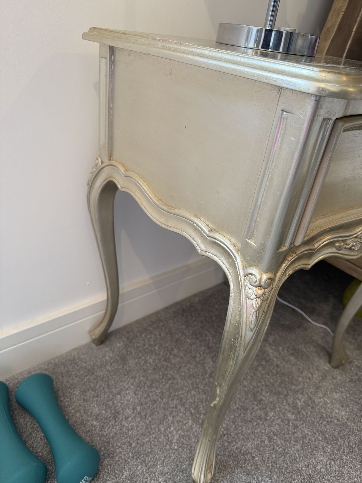 595.0 Pair Of Vintage French Rococo Style Bedside Tables – Hand Finished Silver Gilt Wood Side Tables photo