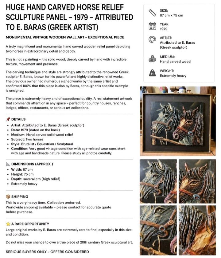 Monumental Hand Carved Horse Relief Panel By E Baras Greek Sculpture 1979 photo buy