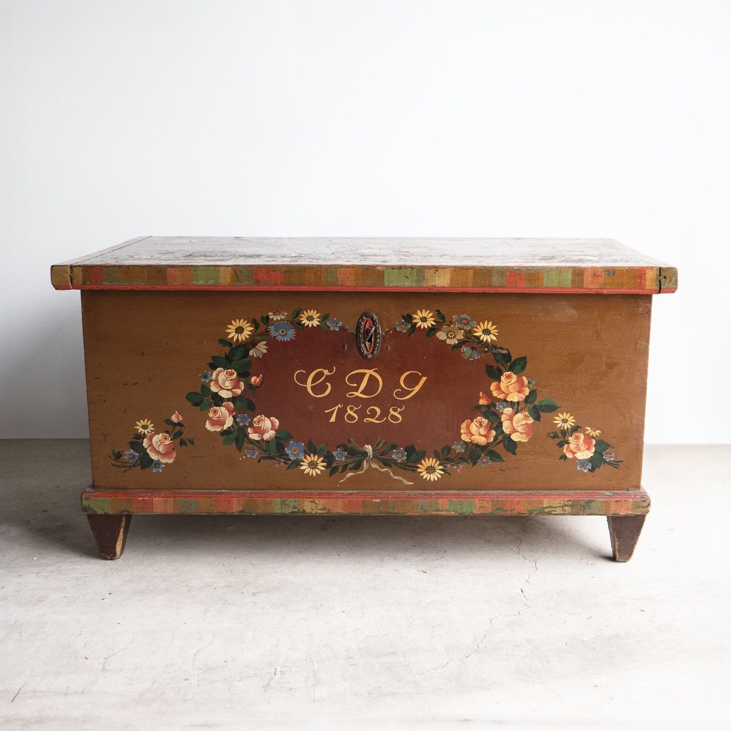 photo furniture Antique Swedish Folk Art Marriage Chest Storage Box, Early 19th Century