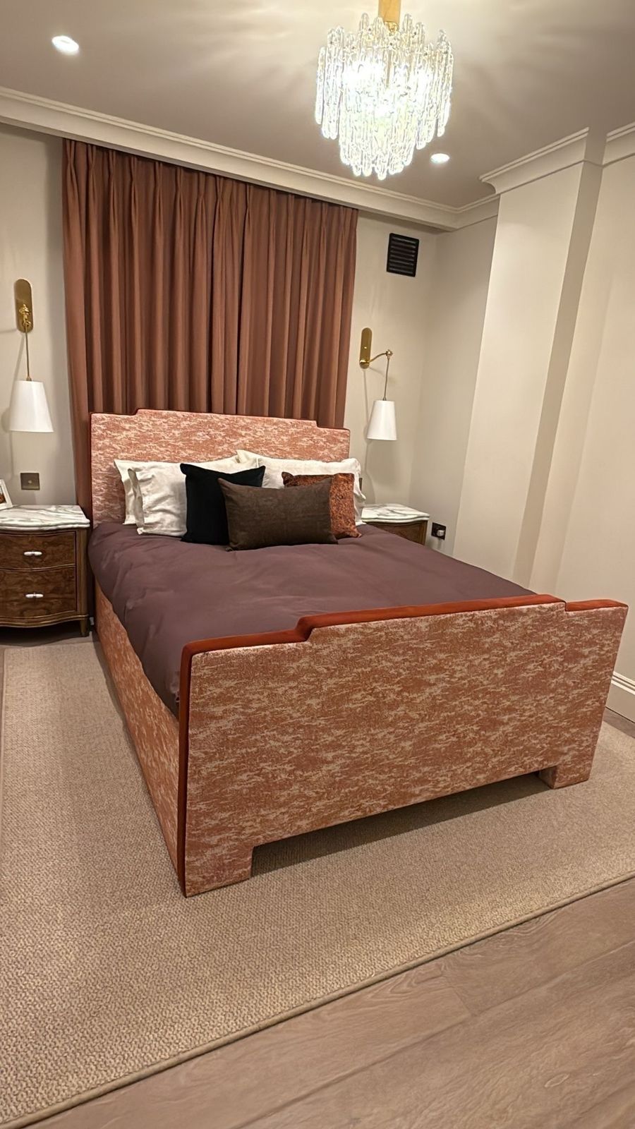 Custom Upholstered Double Size Bed. Patterned Boho, Glam, Soho Home, Fabric photo Furniture