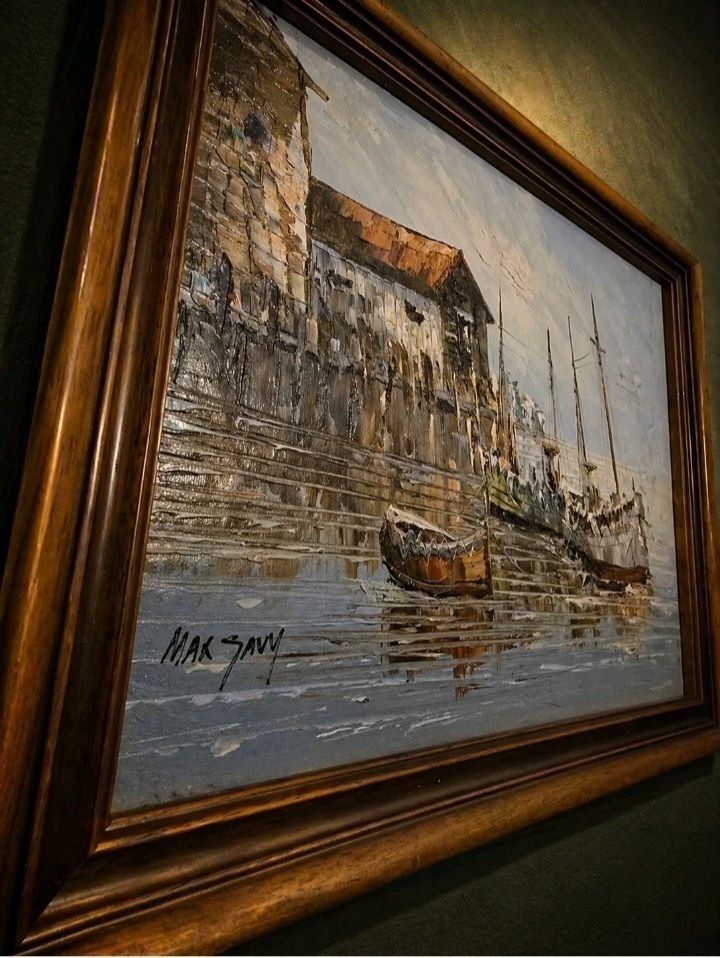 Masterpiece Max Savy Original Signed Oil Painting Harbour Scene Impasto Framed photo 486.0