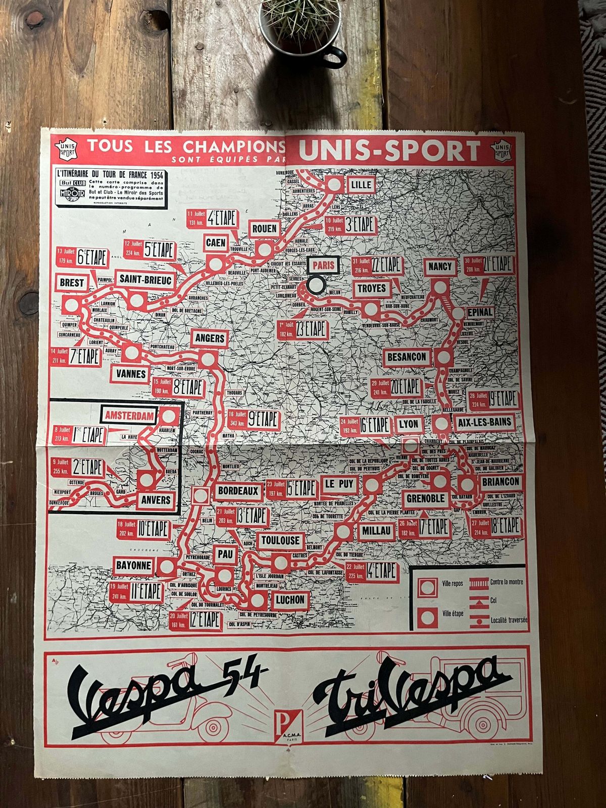 1954 Vintage Tour De France Vespa Stage Map photo Art