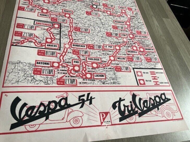 1954 Vintage Tour De France Vespa Stage Map photo buy
