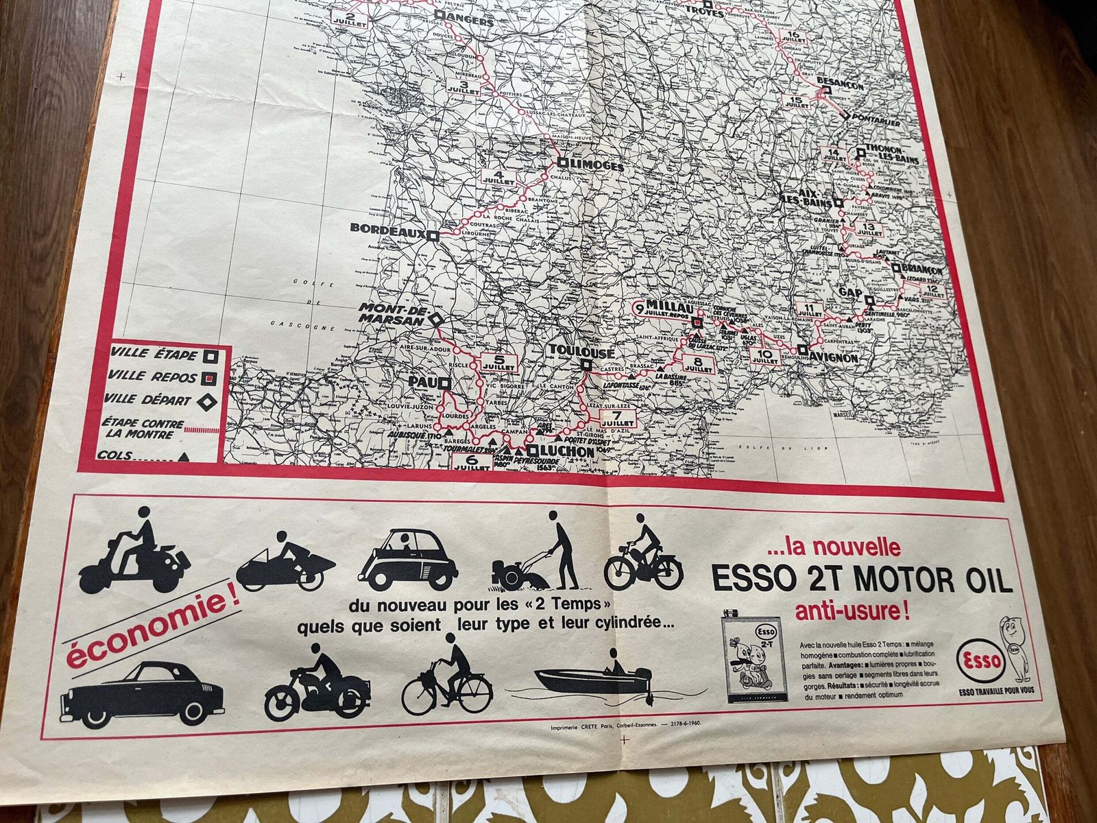 Vintage Cycling Print   Tour De France Route Map, 1960 photo vinterior