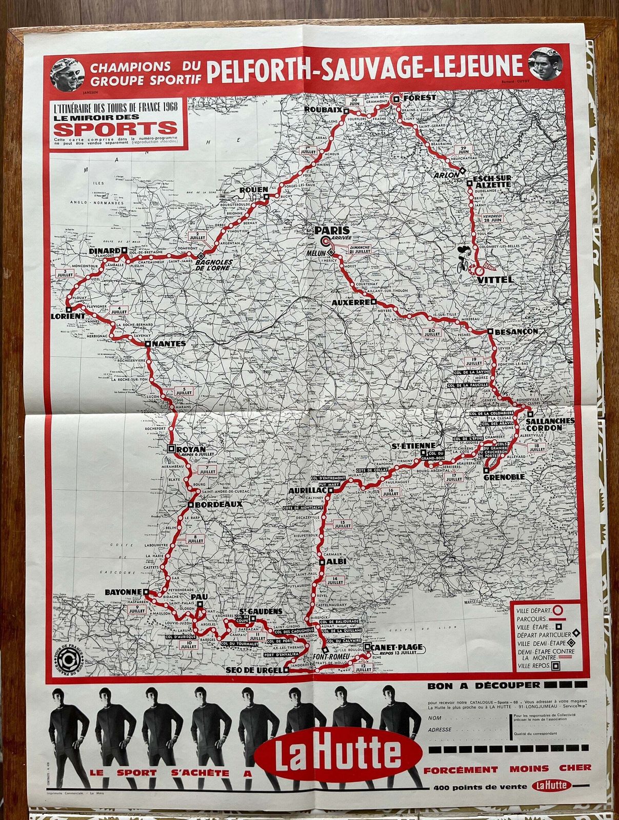 Vintage Cycling Print   Tour De France Route Map, 1968