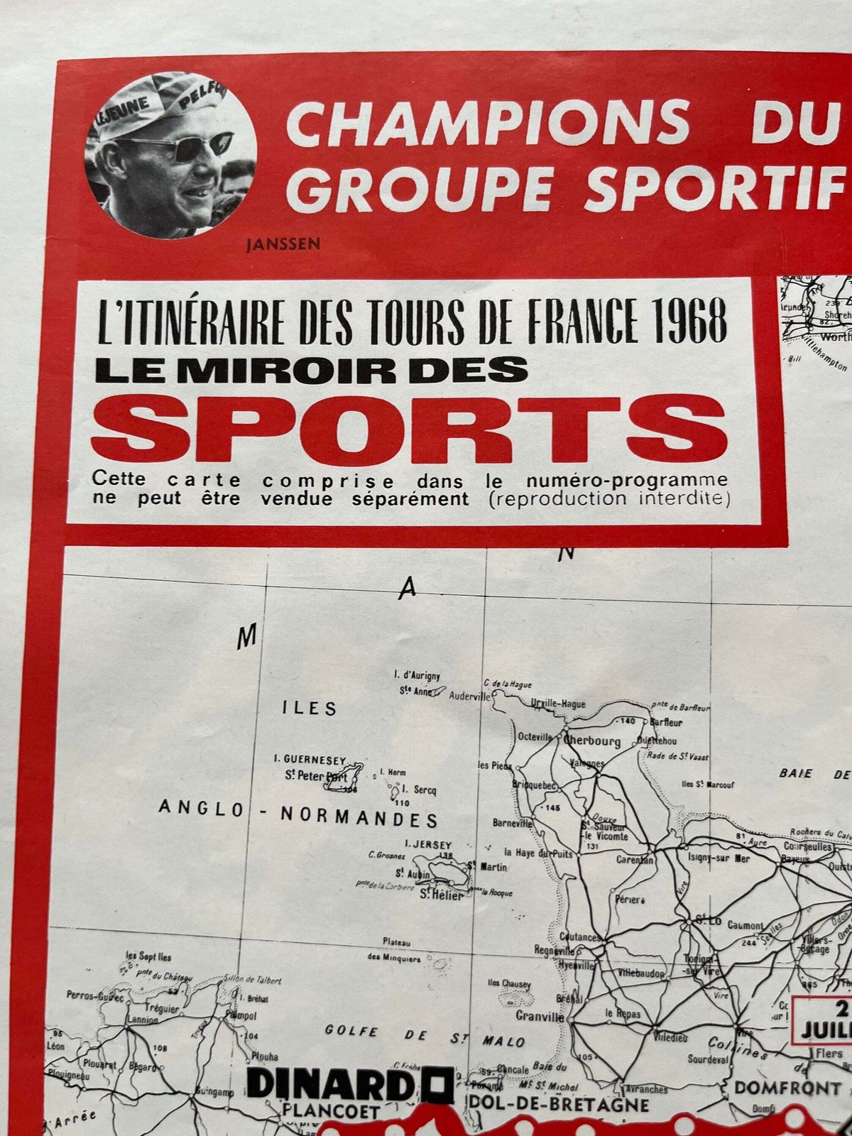 Vintage Cycling Print   Tour De France Route Map, 1968 photo for sale
