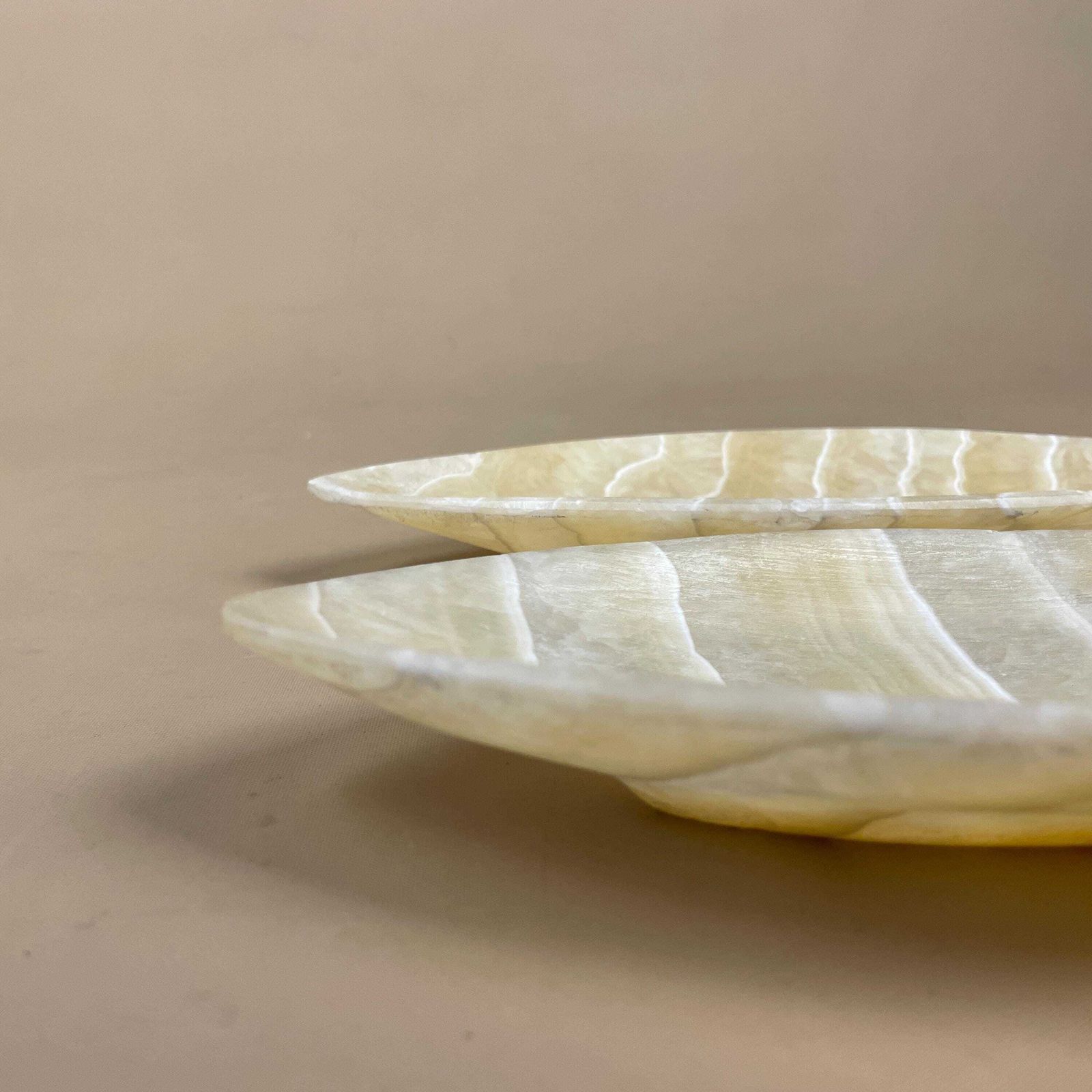Pair Of 2 Onyx Marble Dishes Decorative Vanity Small Tray Stone Jewellery Display Dressing Table Decor Striped Beige Set Plate Bowl Pattern photo vintage