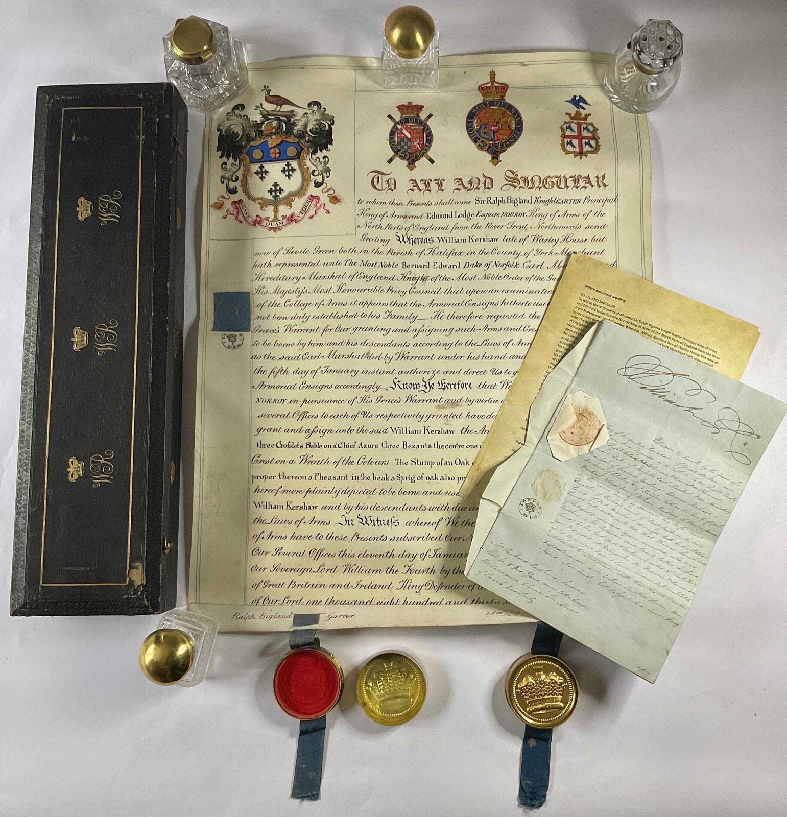 1836 Royal Grant Of Arms Signed By King William IV, Illuminated Vellum Scroll With Wax Seals In Original Case