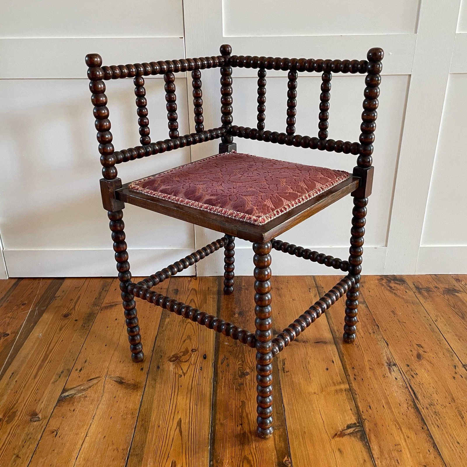 Antique Bobbin Chair Seat Armchair Vintage Wooden Wood Frame Fabric Velvet Upholstery Country Cottage Farmhouse Corner Pink Bobble Nursery photo vinterior