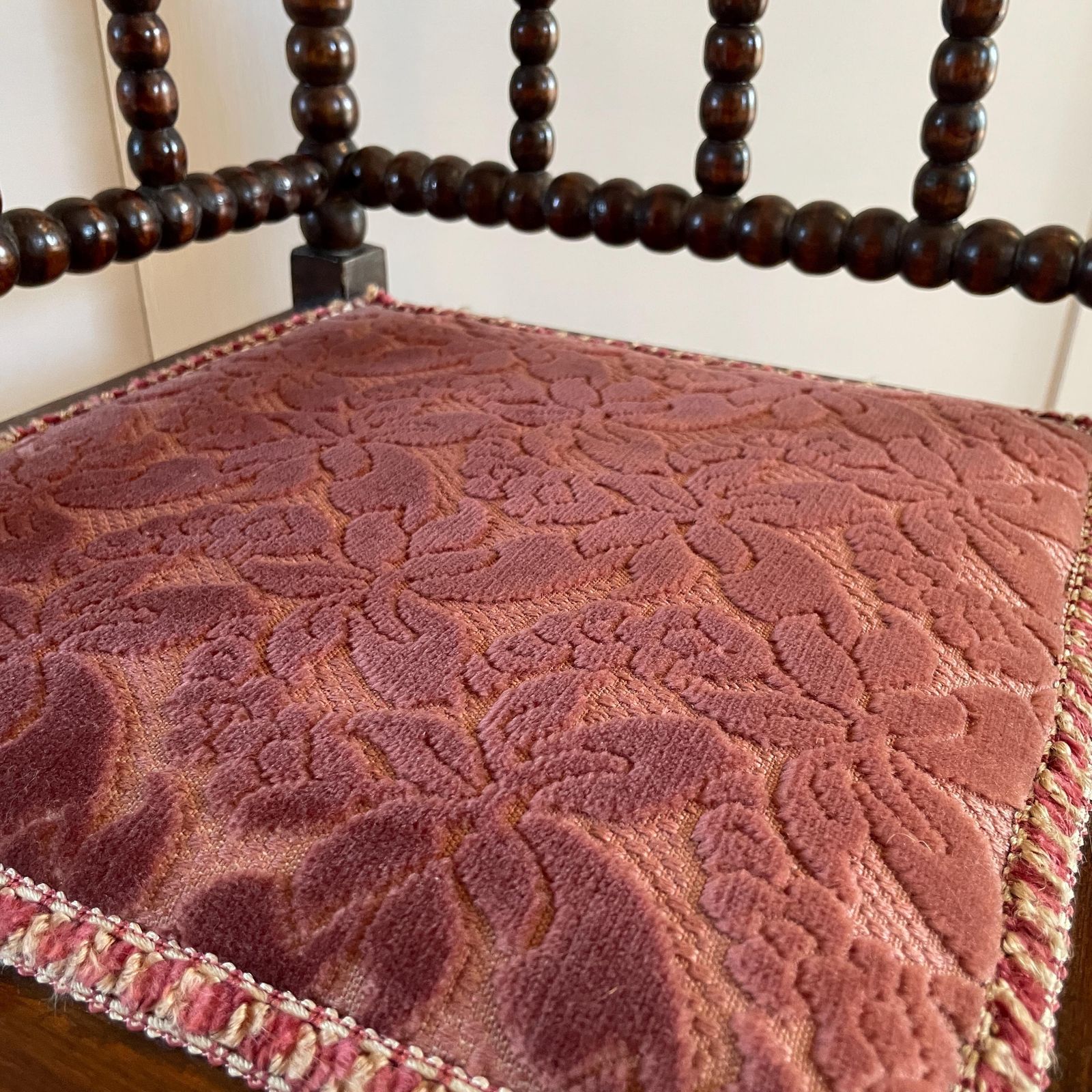 Antique Bobbin Chair Seat Armchair Vintage Wooden Wood Frame Fabric Velvet Upholstery Country Cottage Farmhouse Corner Pink Bobble Nursery photo vintage