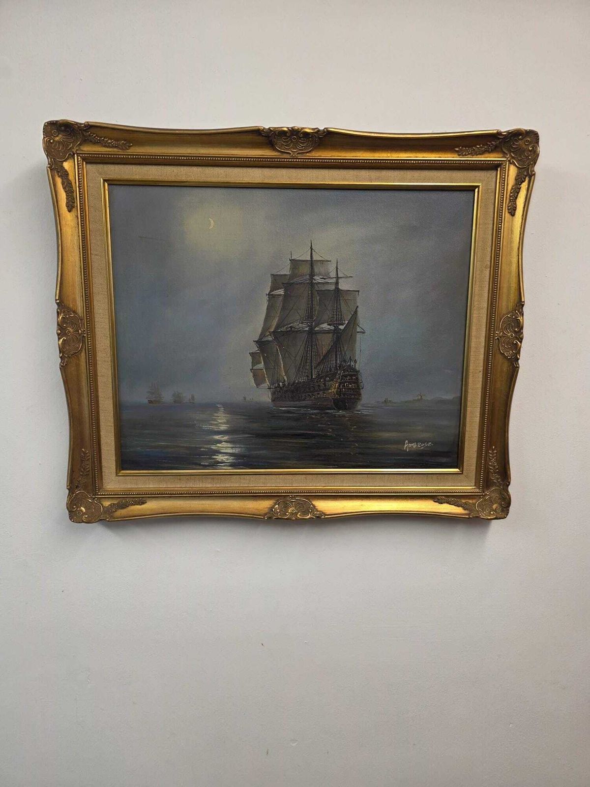 Vintage Oil Painting / Sailing Ship By Ambrose / Framed Maritime Artwork / C1970 photo vinterior