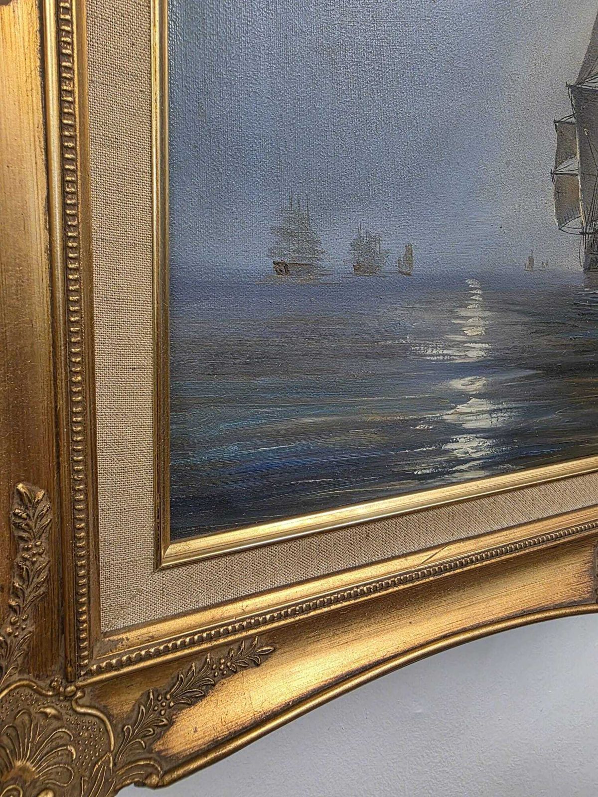 Vintage Oil Painting / Sailing Ship By Ambrose / Framed Maritime Artwork / C1970 photo vintage
