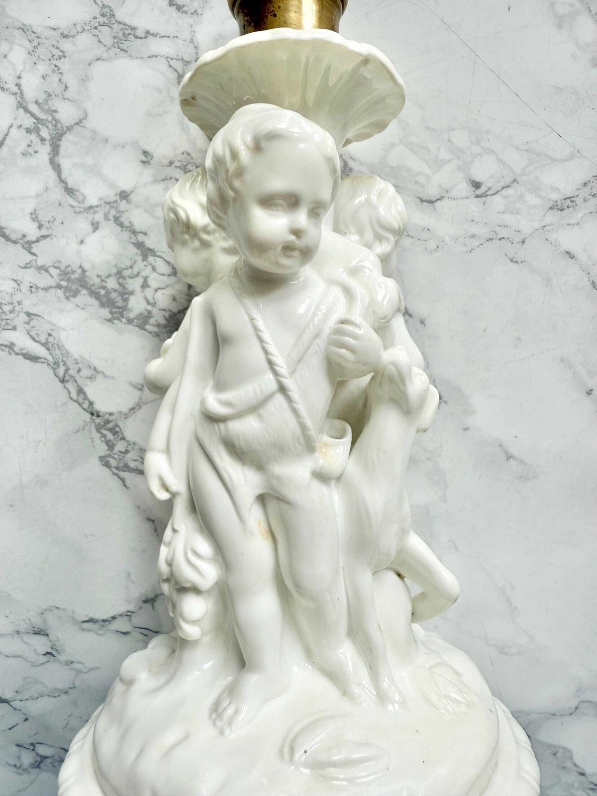 Antique Cherub Porcelain Blanc De Chine Candlestick Allegory Fishing Gathering Hunting Bronze Mount Early 1800 Sculpture photo Home Decor