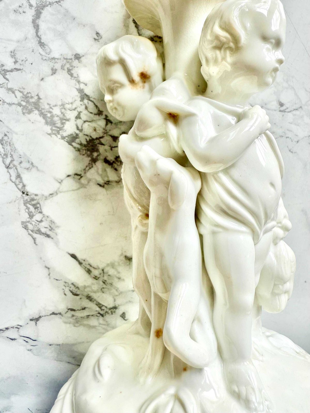 Antique Cherub Porcelain Blanc De Chine Candlestick Allegory Fishing Gathering Hunting Bronze Mount Early 1800 Sculpture photo vinterior