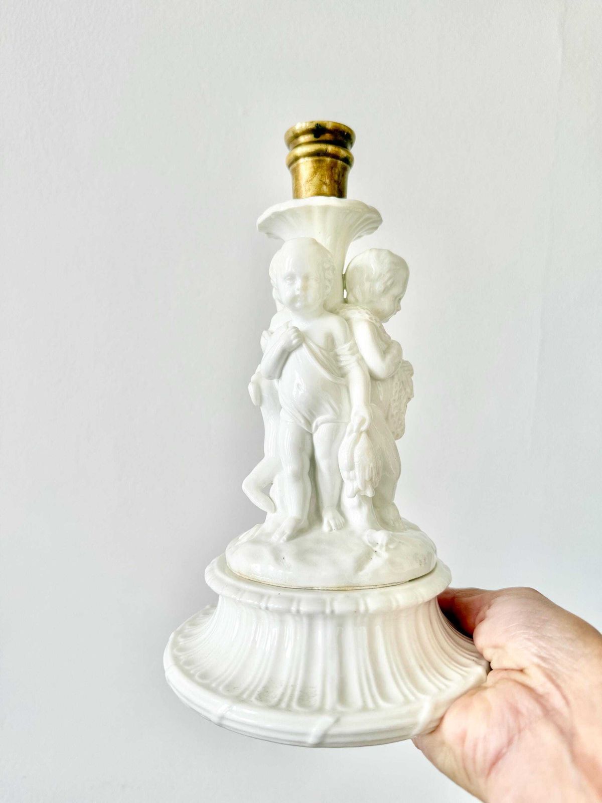 Antique Cherub Porcelain Blanc De Chine Candlestick Allegory Fishing Gathering Hunting Bronze Mount Early 1800 Sculpture photo vintage