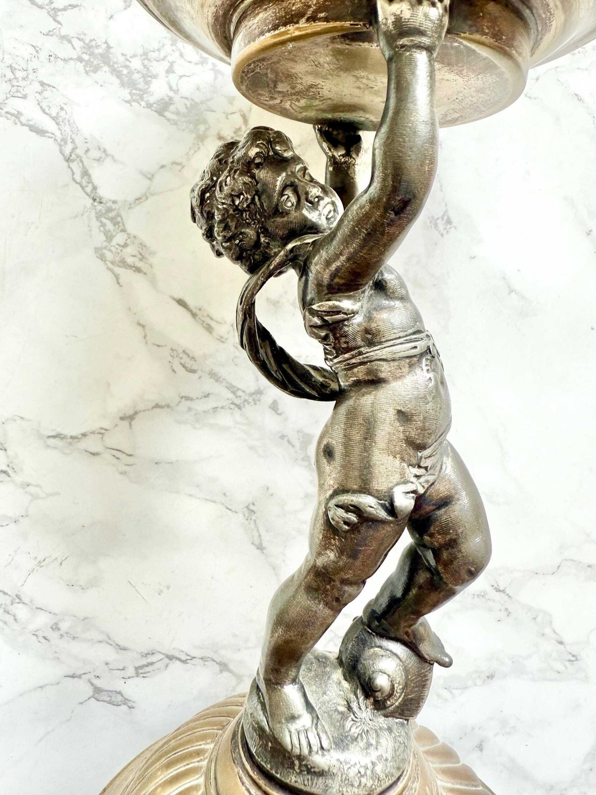 Antique Putto Sculpture Figurine Pedestal Stand Decorative Foot Grand Tour Cabinet Of Curiosity Display Top Table Decor Silver Bronze photo Home Decor