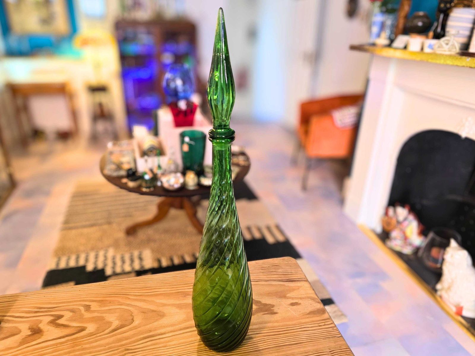 Vintage Green Glass Large Genie Bottle   Italian Empoli With Spiral Lines   57cm photo Home Decor