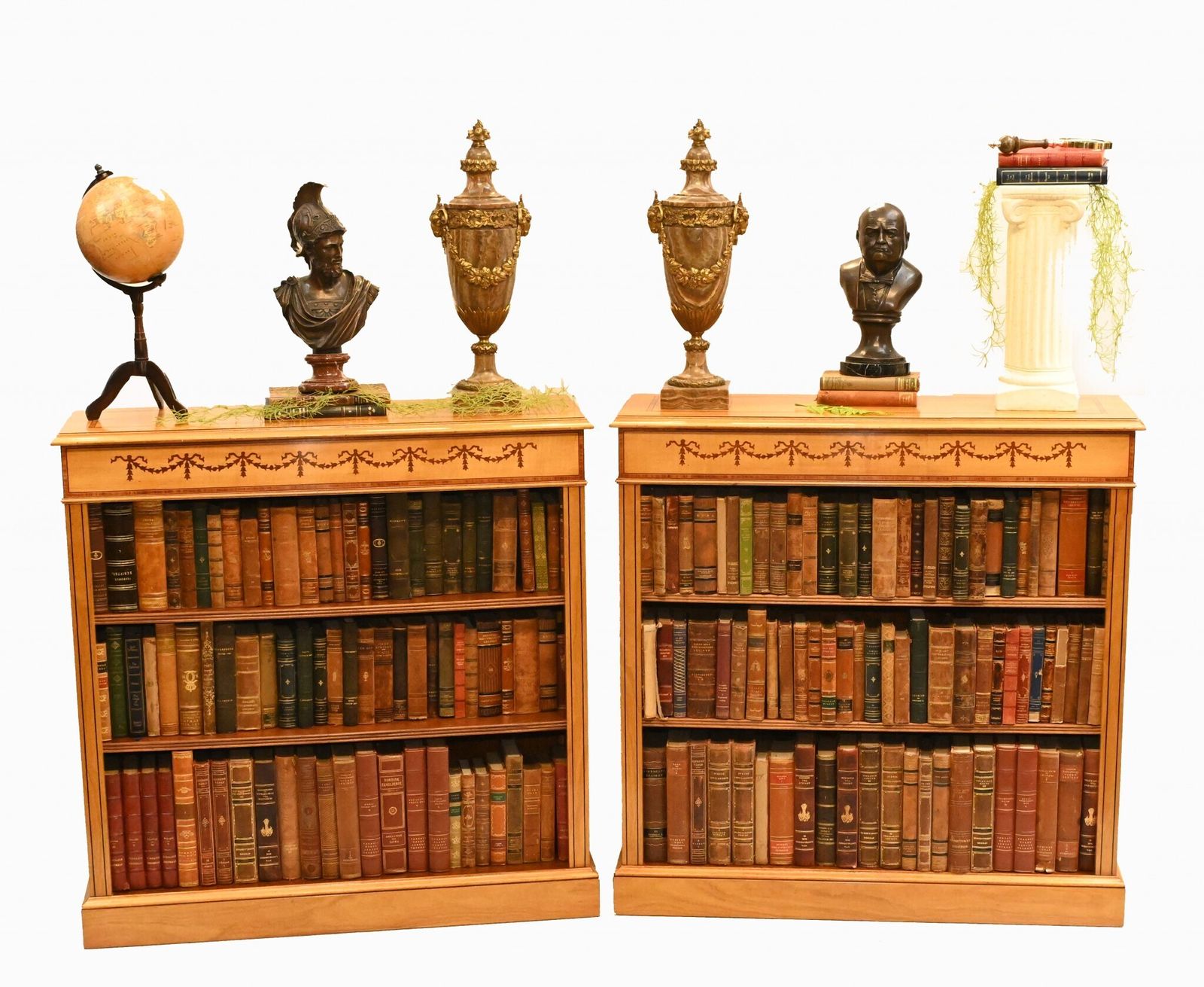 Pair Regency Bookcases   Satinwood Open Front Sheraton Inlay Bespoke