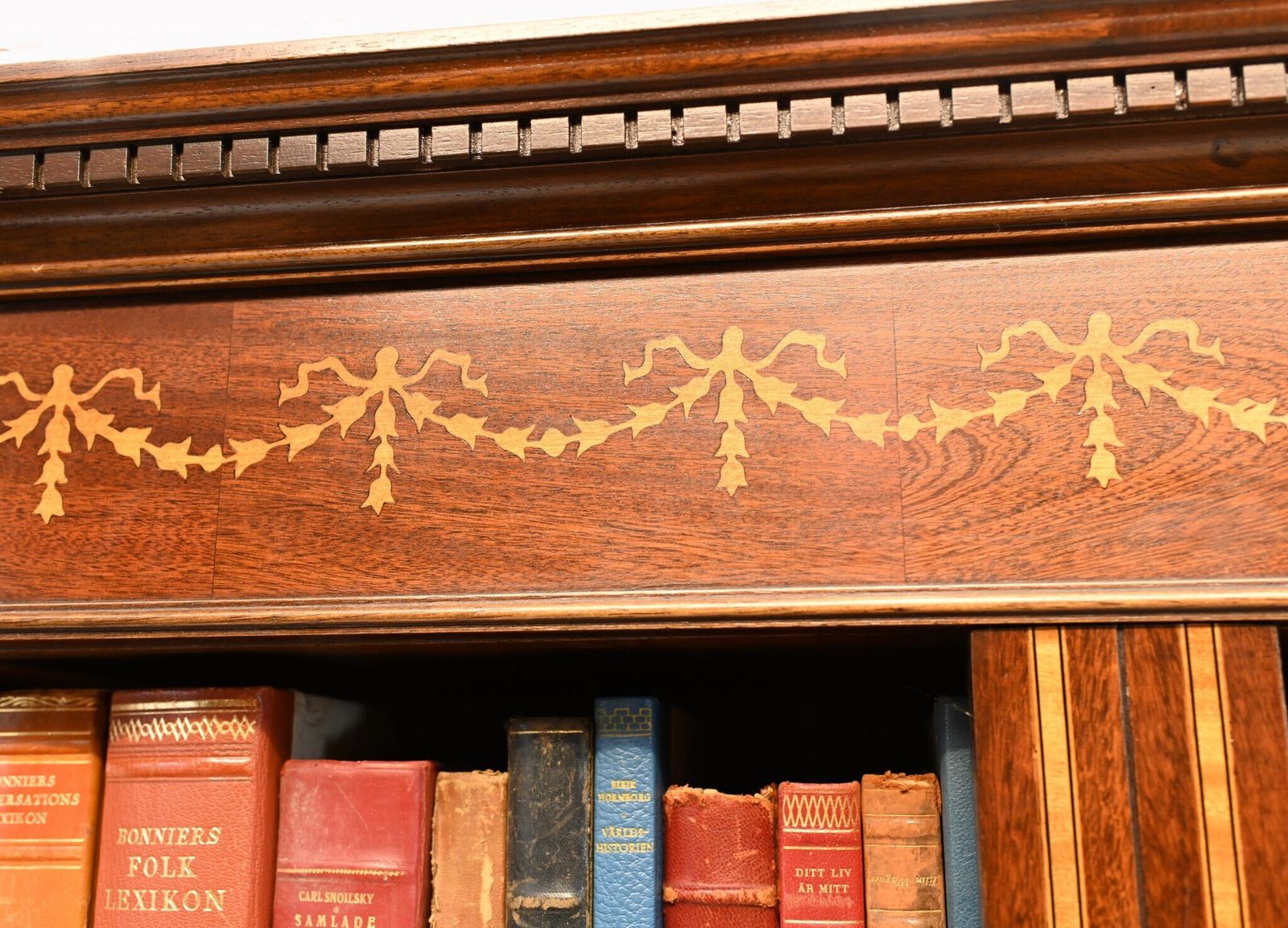photo buy Mahogany Bookcase   Double English Sheraton Inlay Open Front Bespoke