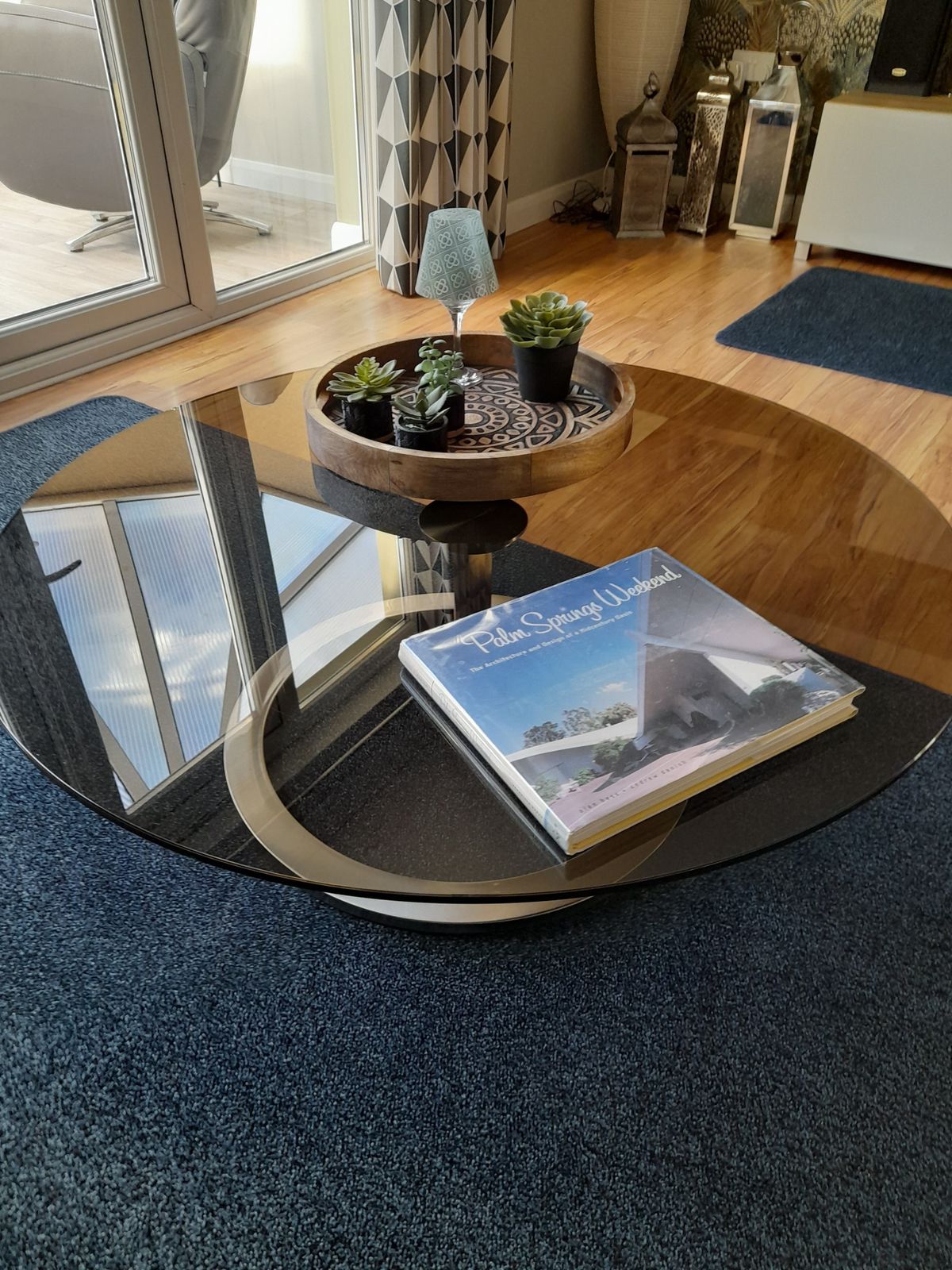 Designer Round Smoked Glass Coffee Table With Stainless Steel Base – 1m Diameter photo furniture