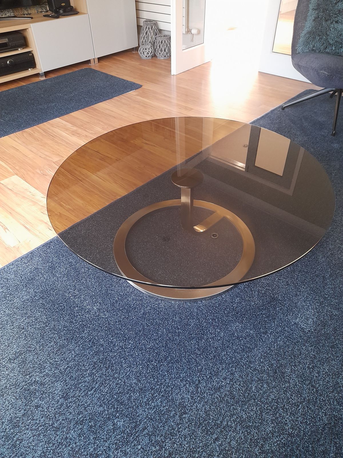 Designer Round Smoked Glass Coffee Table With Stainless Steel Base – 1m Diameter photo for sale