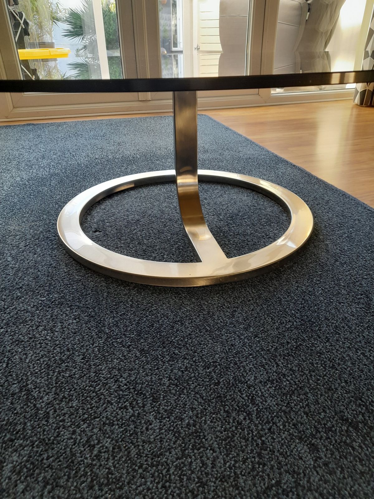 Designer Round Smoked Glass Coffee Table With Stainless Steel Base – 1m Diameter photo Furniture