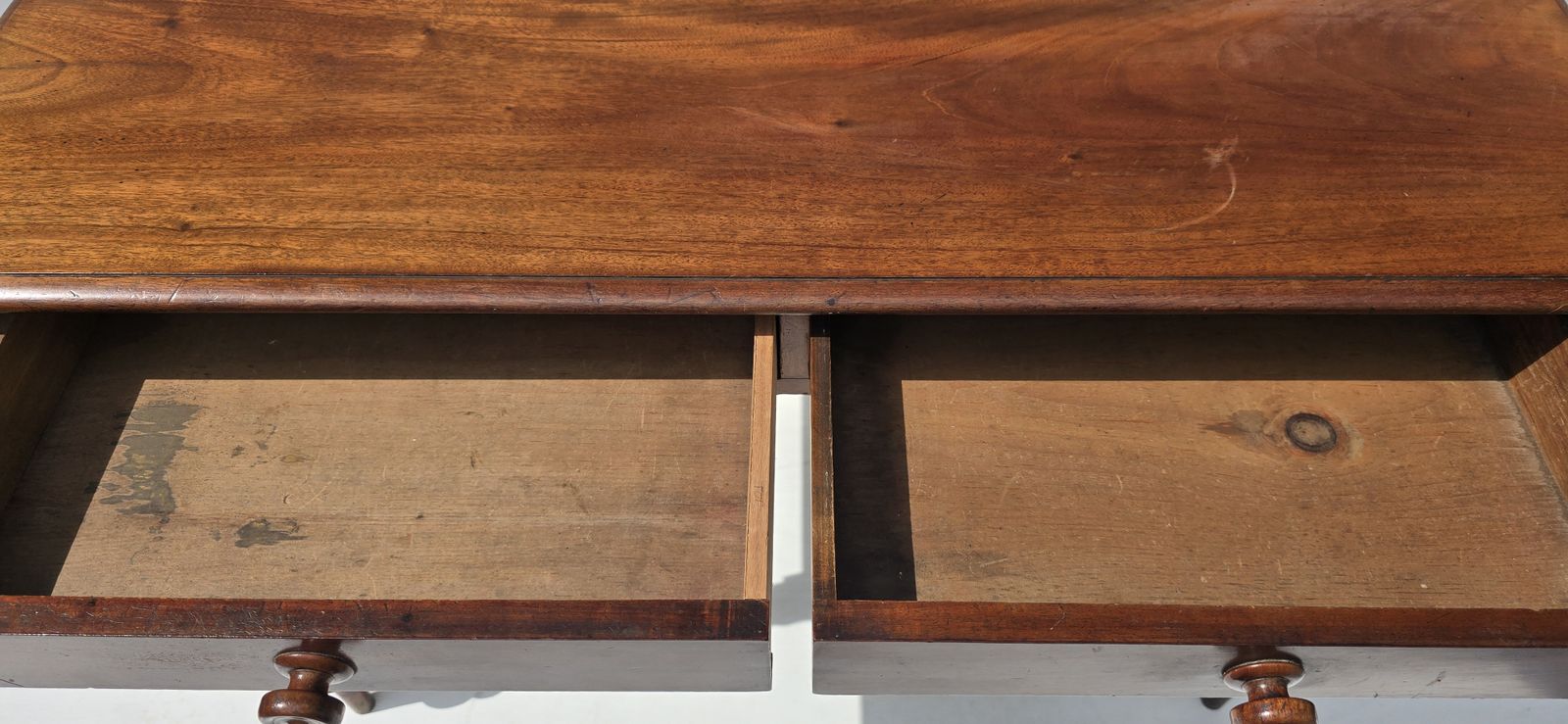 Furniture An Antique Mahogany Writing Desk On Turned Legs, 19th C. photo