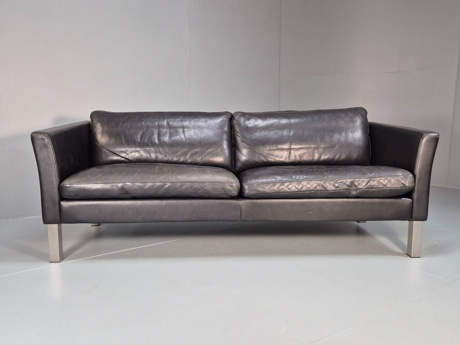 Vintage 3 Seater Stouby Sofa 1990s Black Leather Steel Legs Retro Mcm  Eb09079 photo 800.0