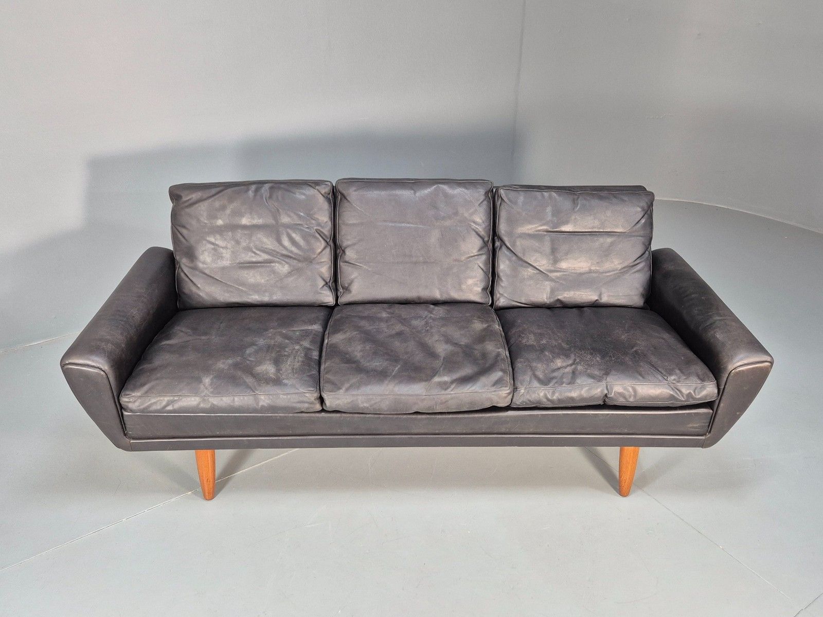 Vintage 3 Seater Black Leather Sofa 1960s Danish Thams Retro Mcm Eb09926 photo Furniture