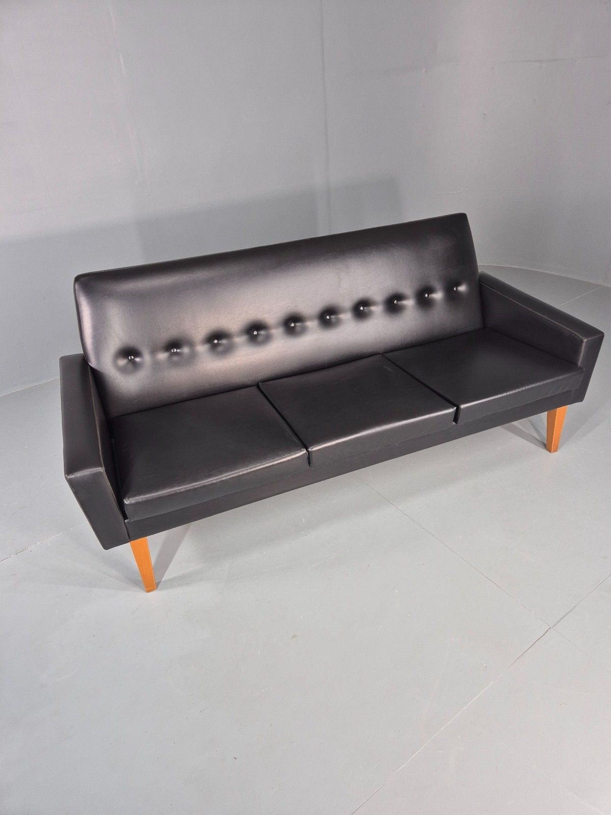 Vintage Three Seat Sofa 1960s Swedish Black Vinyl Upholstery Retro Eb11126 photo for sale