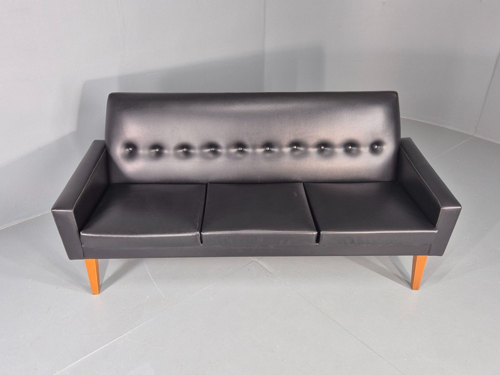 Vintage Three Seat Sofa 1960s Swedish Black Vinyl Upholstery Retro Eb11126 photo vintage