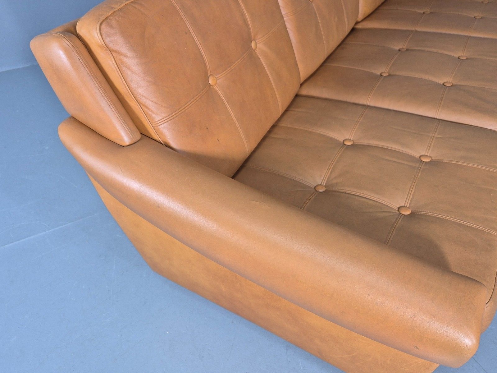 650.0 Vintage 3 Seater Mid Century Sofa Tan Leather 1970s Retro Chrome Feet  Eb11773 photo