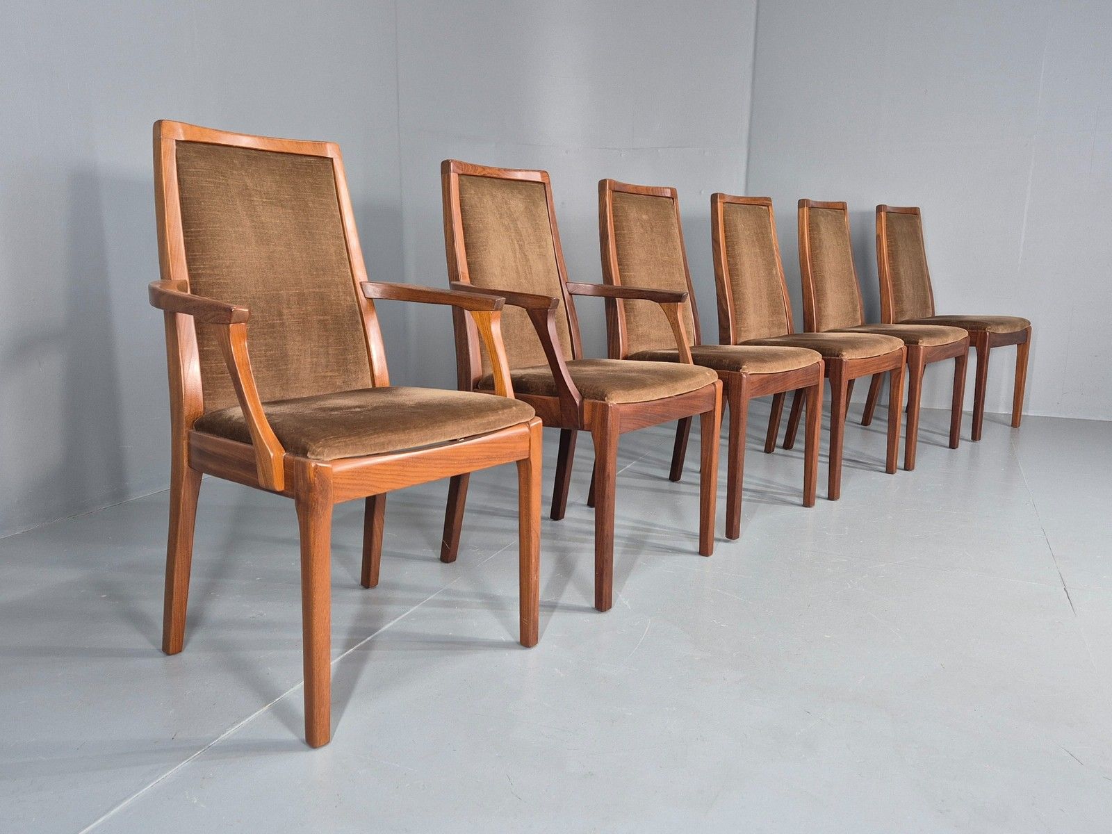 6 Vintage 1970s Nathan Dining Chairs Brown Velour Teak Retro Mcm Eb11921 photo furniture